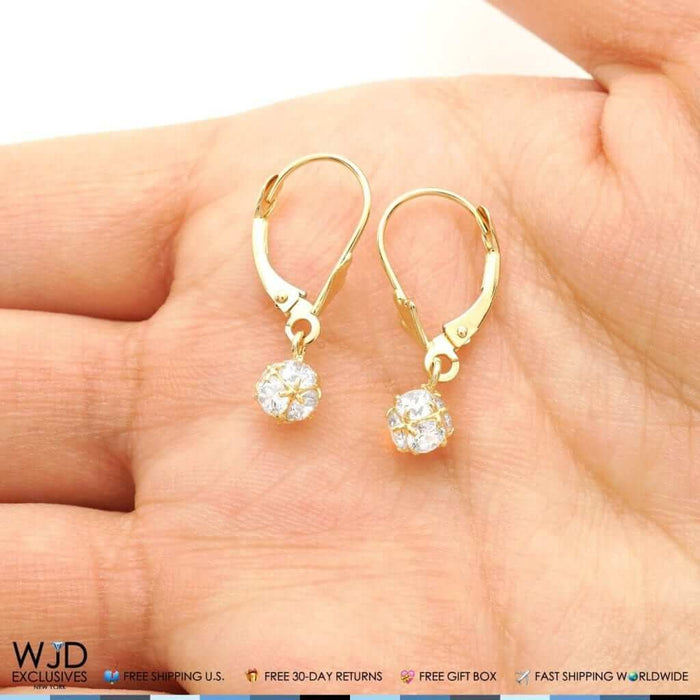 14K Yellow Gold 1.2Ct Round CZ Dangle Leverback Earrings