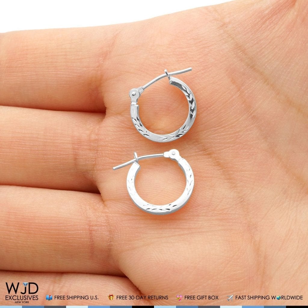 12mm Diameter Diamond Cut Snap Closure Hoop Earrings 14K Solid White Gold