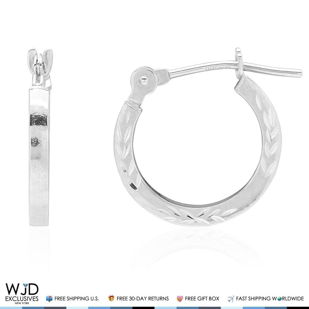 12mm Diameter Diamond Cut Snap Closure Hoop Earrings 14K Solid White Gold
