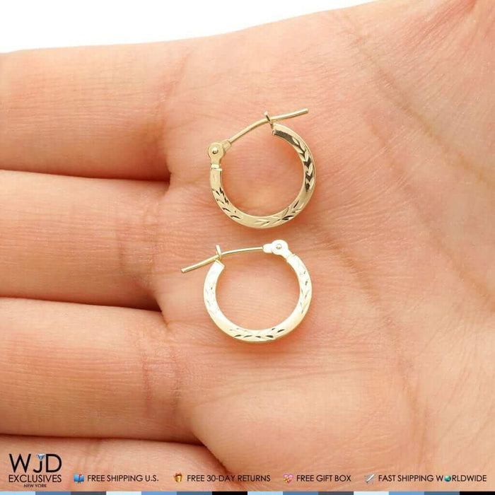 Solid 14K Yellow Gold 12mm Diameter Diamond-Cut Snap Closure Hoop Earrings