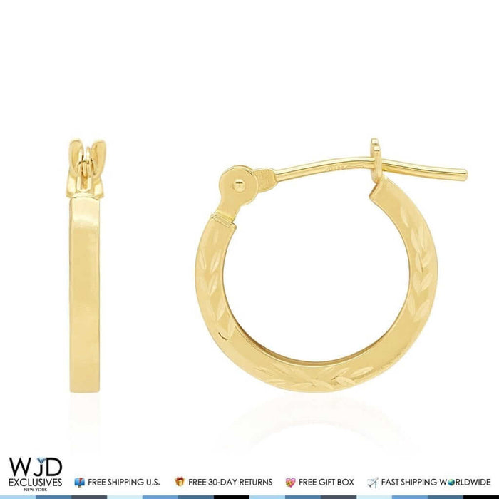 Solid 14K Yellow Gold 12mm Diameter Diamond-Cut Snap Closure Hoop Earrings