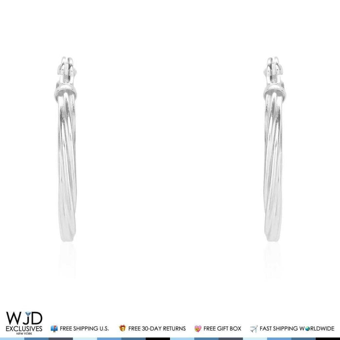 12mm Diameter Snap Closure Twisted Rope Style Hoop Earrings 14K White Gold