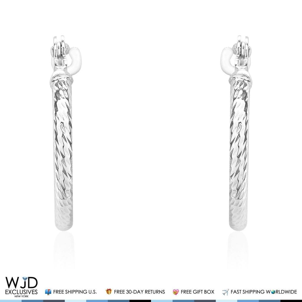 12mm Diameter Snap Closure Twisted Rope Style Hoop Earrings 14K Solid White Gold