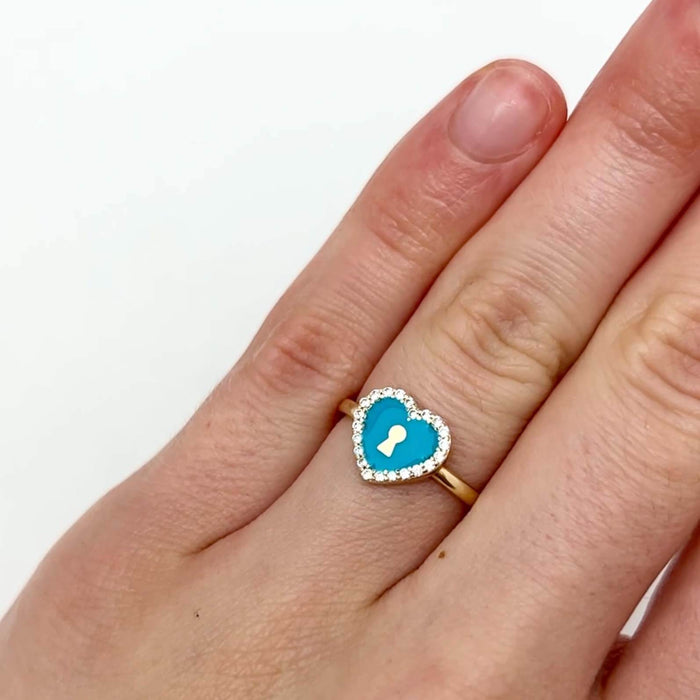 14K Yellow Gold CZ and Turquoise Enamel Keyhole Heart Ring - WJD Exclusives