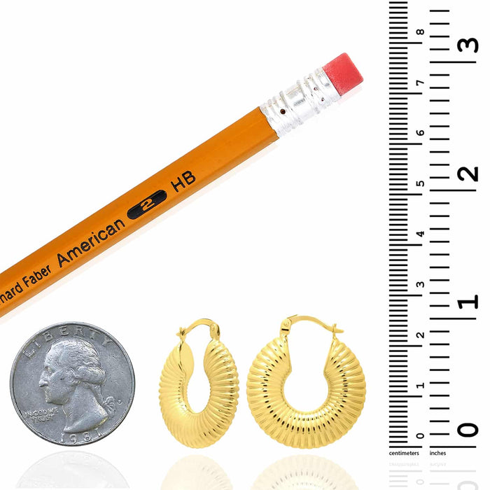 14K Real Yellow Gold Round Puffed Textured Hinged Hoop Earrings - WJD Exclusives