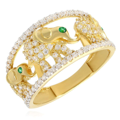 14K Gold .51CTW CZ Green Emerald Eyes Elephant Cocktail Ring - WJD Exclusives