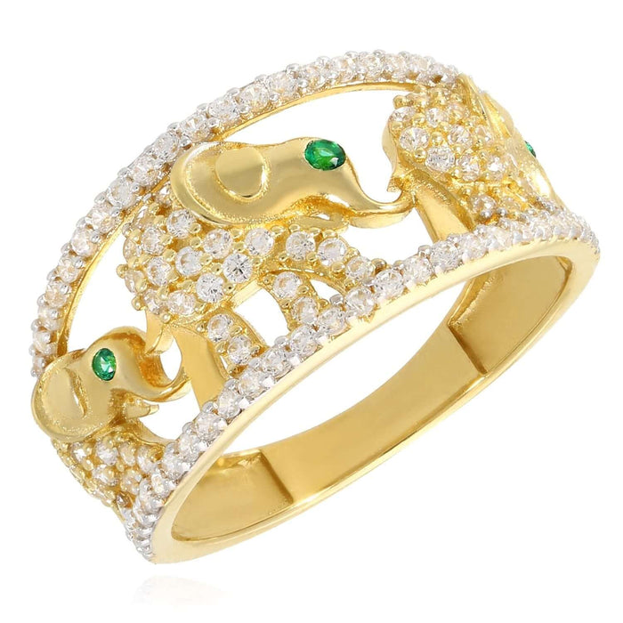 14K Gold .51CTW CZ Green Emerald Eyes Elephant Cocktail Ring - WJD Exclusives