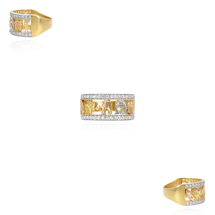14K Gold CZ Elephant Horseshoe 4 Leaf Clover Cocktail Ring - WJD Exclusives