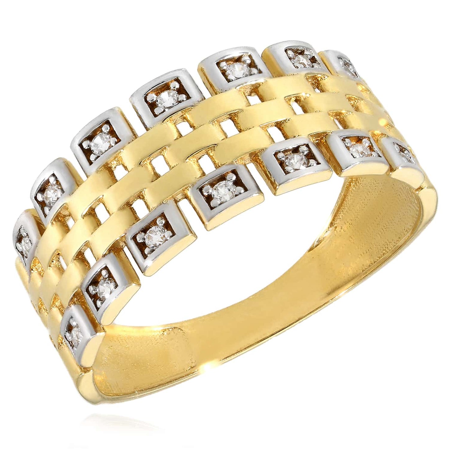 14K Real Gold Two-Tone White CZ Woven Lattice Ring