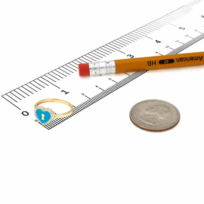 14K Yellow Gold CZ and Turquoise Enamel Keyhole Heart Ring - WJD Exclusives