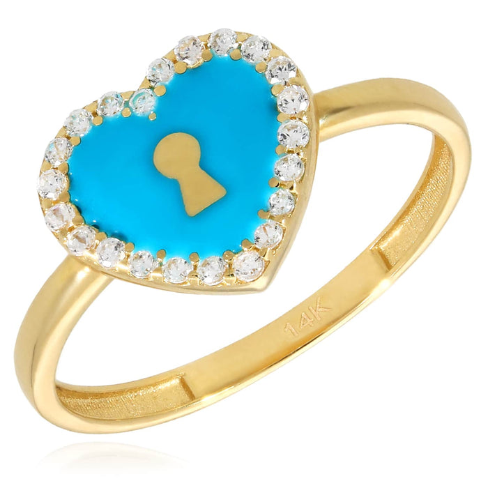 14K Yellow Gold CZ and Turquoise Enamel Keyhole Heart Ring - WJD Exclusives