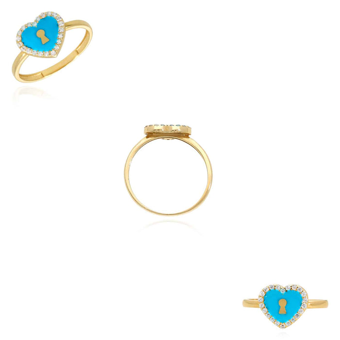 14K Yellow Gold CZ and Turquoise Enamel Keyhole Heart Ring - WJD Exclusives