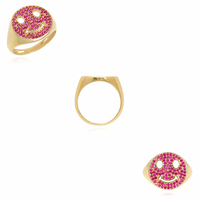 14K Gold 0.80CTW CZ White Pink Smiley Face Emoji Signet Ring - WJD Exclusives