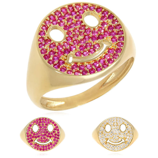 14K Real Gold 0.80CTW CZ White Pink Smiley Face Emoji Signet Ring