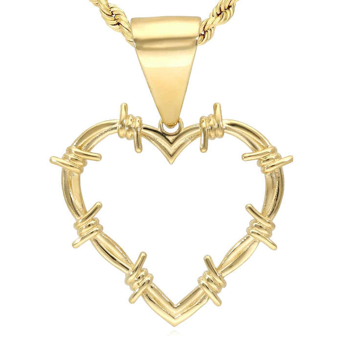 14K Gold Barbed Wire Open Heart Pendant 1.8" - WJD Exclusives