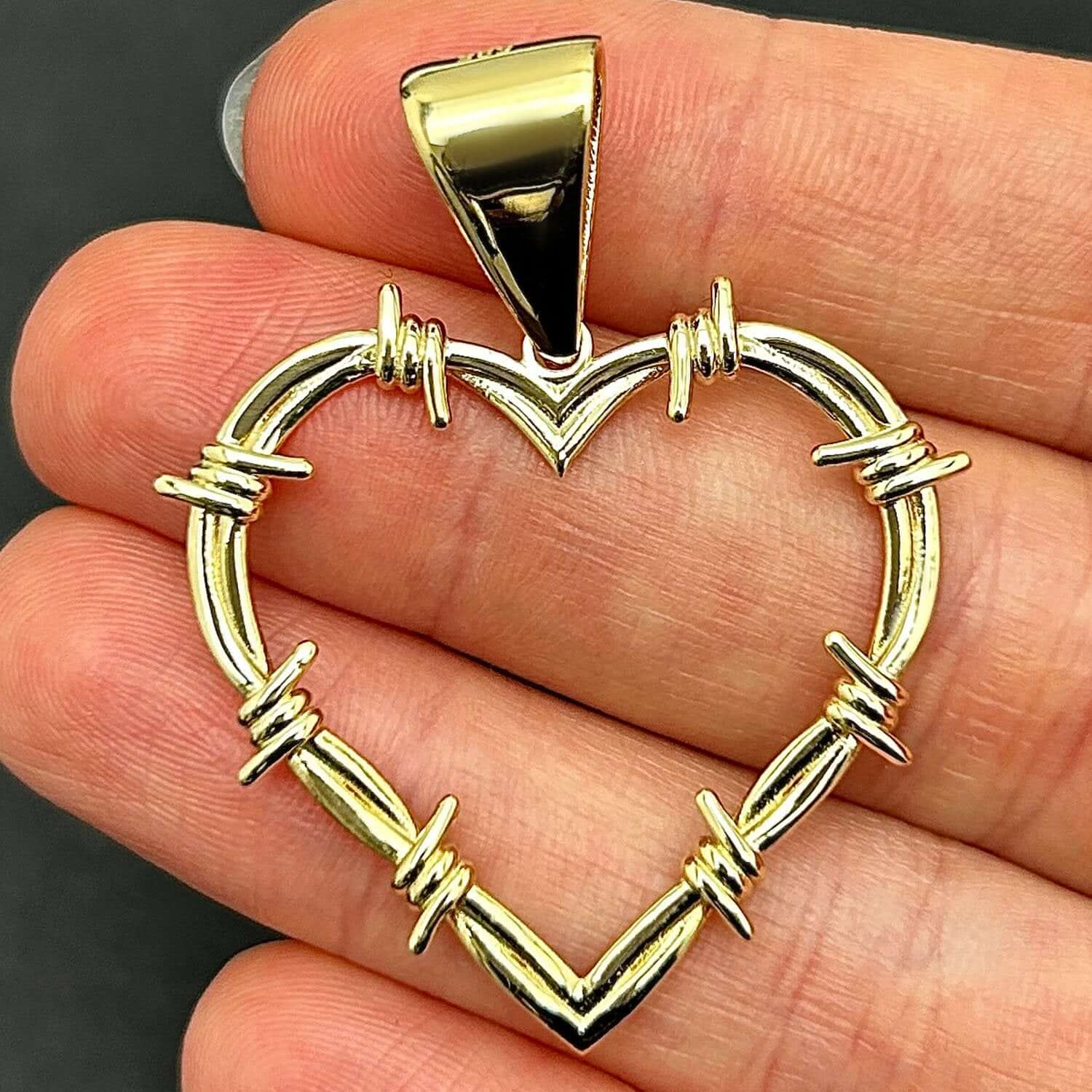 14K Gold Barbed Wire Open Heart Pendant 1.8