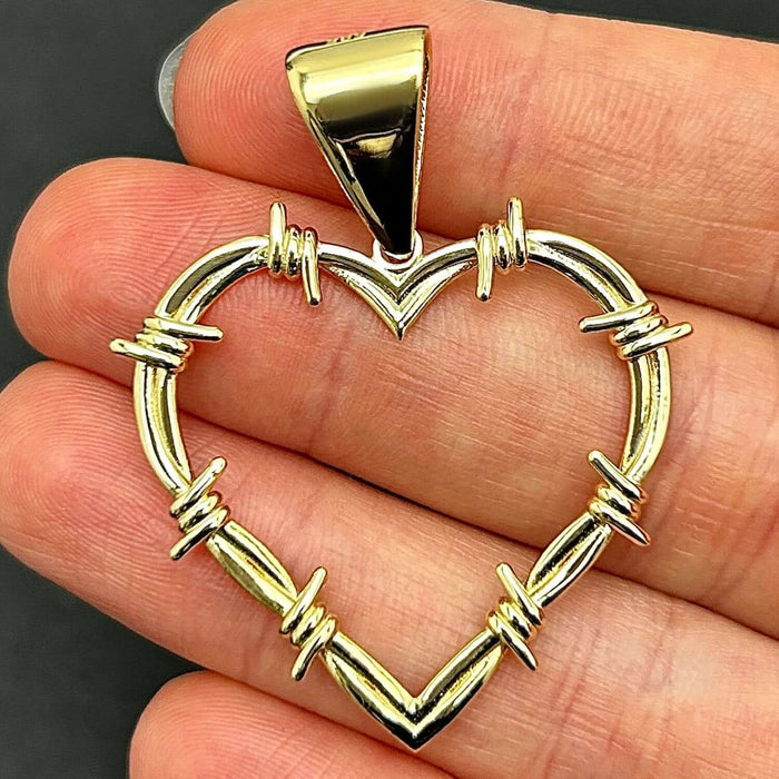 14K Gold Barbed Wire Open Heart Pendant 1.8" - WJD Exclusives