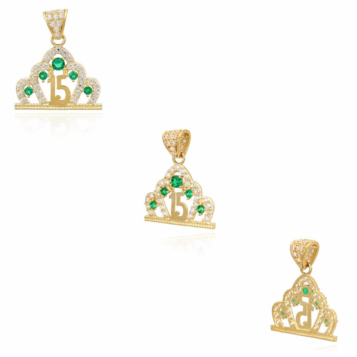 14K Gold CZ Crown Girl's 15th Birthday Quinceañera Pendant - WJD Exclusives