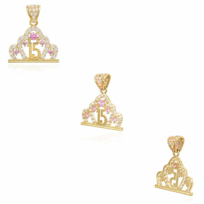 14K Gold CZ Crown Girl's 15th Birthday Quinceañera Pendant - WJD Exclusives