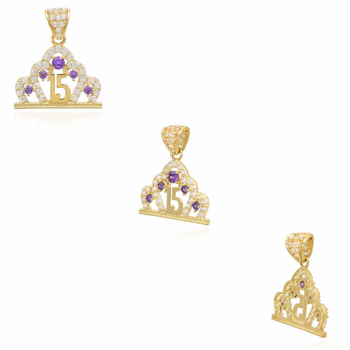 14K Gold CZ Crown Girl's 15th Birthday Quinceañera Pendant - WJD Exclusives