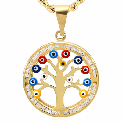 14K Gold CZ Colorful Evil Eye Tree of Life Pendant - WJD Exclusives