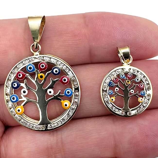 14K Gold CZ Colorful Evil Eye Tree of Life Pendant - WJD Exclusives