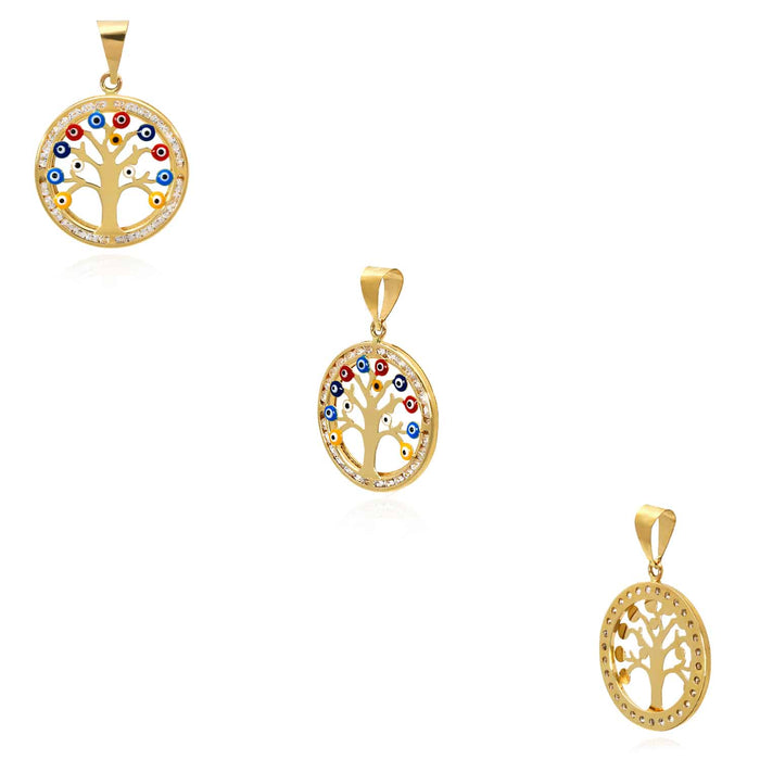 14K Gold CZ Colorful Evil Eye Tree of Life Pendant - WJD Exclusives