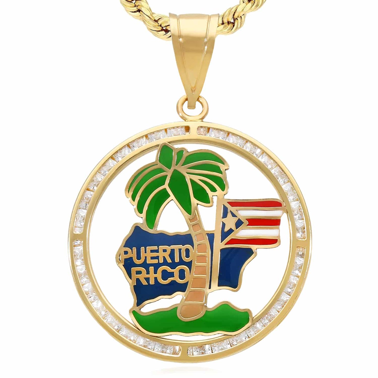 14K Real Gold Puerto Rico Flag Palm Tree Pendant 0.9"-1.9"