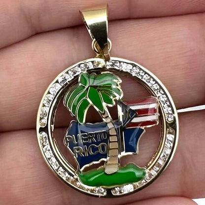 14K Real Gold Puerto Rico Flag Palm Tree Pendant 0.9"-1.9"