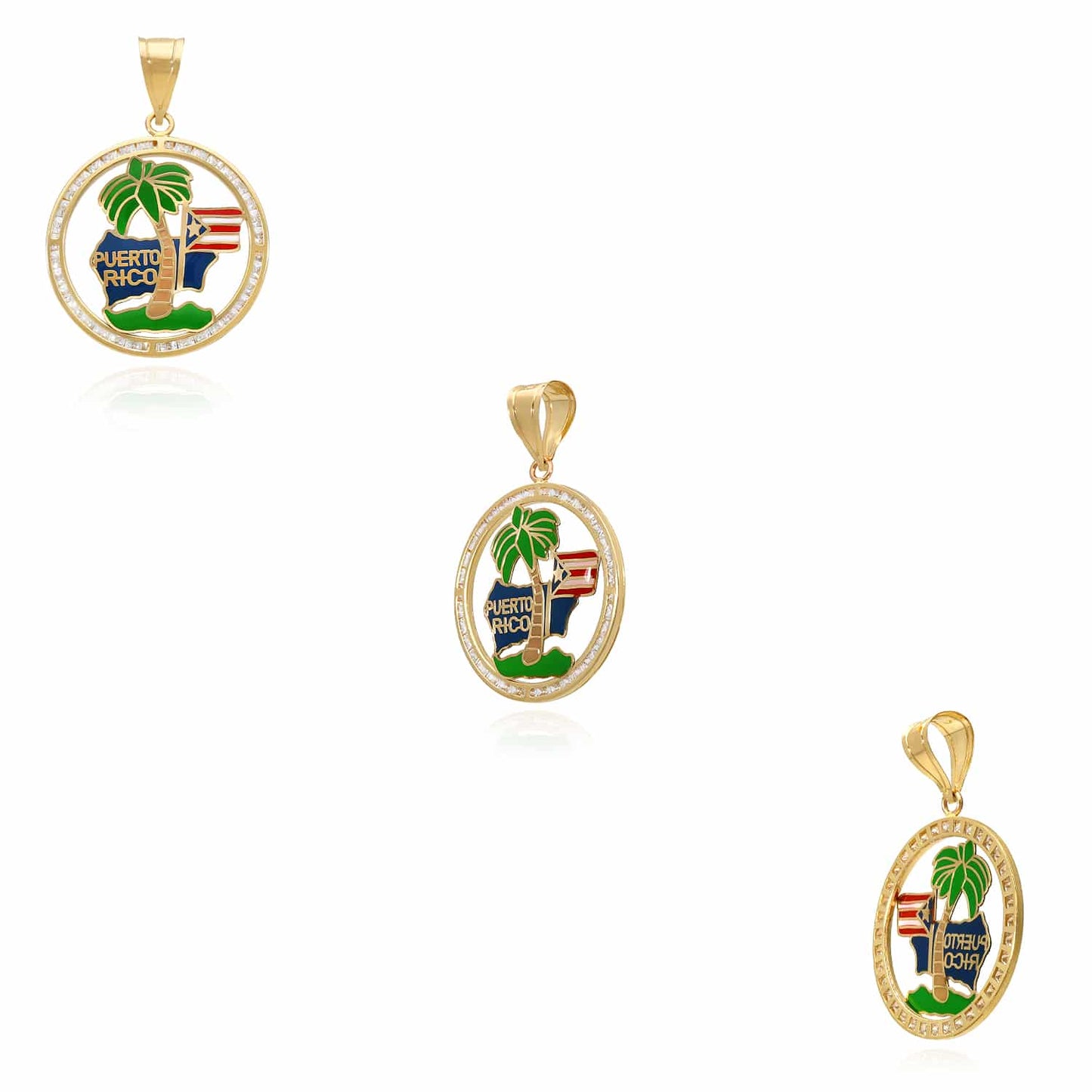 14K Real Gold Puerto Rico Flag Palm Tree Pendant 0.9"-1.9"