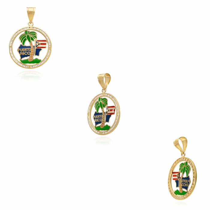 14K Gold Puerto Rico Flag Palm Tree Pendant 0.9" - 1.9" - WJD Exclusives
