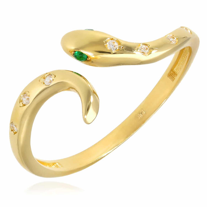 14K Gold CZ Green Emerald Eyes Snake Cocktail Ring - WJD Exclusives