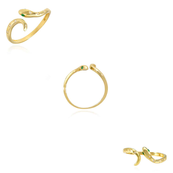 14K Gold CZ Green Emerald Eyes Snake Cocktail Ring - WJD Exclusives