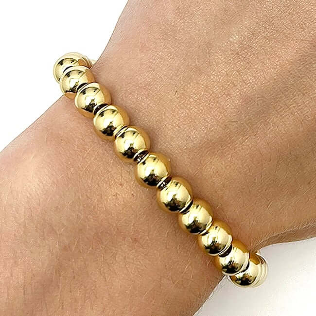 18K Yellow Gold Over Sterling Silver 7mm Graduated Beaded Ball Bracelet (Hollow) 7" - WJD Exclusives