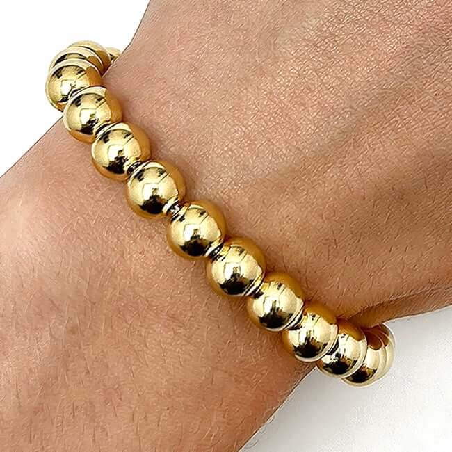 18K Yellow Gold Over Sterling Silver 8mm Graduated Beaded Ball Bracelet (Hollow) 8" - WJD Exclusives