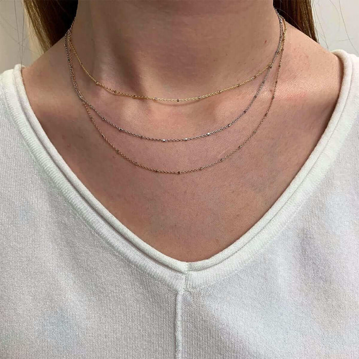 14K Yellow White Rose Gold 1.2mm Cable Saturn Beads Station Necklace (Solid Links) 16"-20"