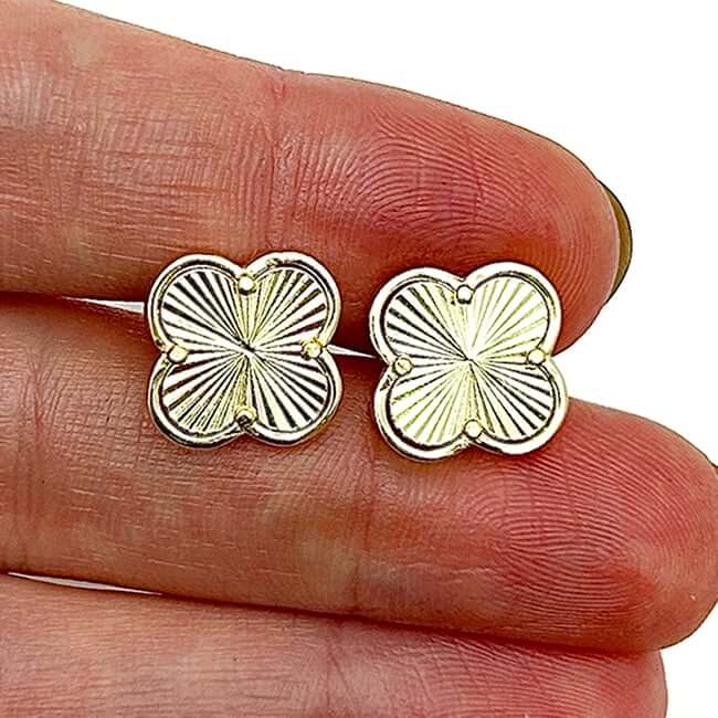 18K Gold Over Sterling Silver Diamond - Cut Clover Leaf Stud Earrings 12mm - WJD Exclusives