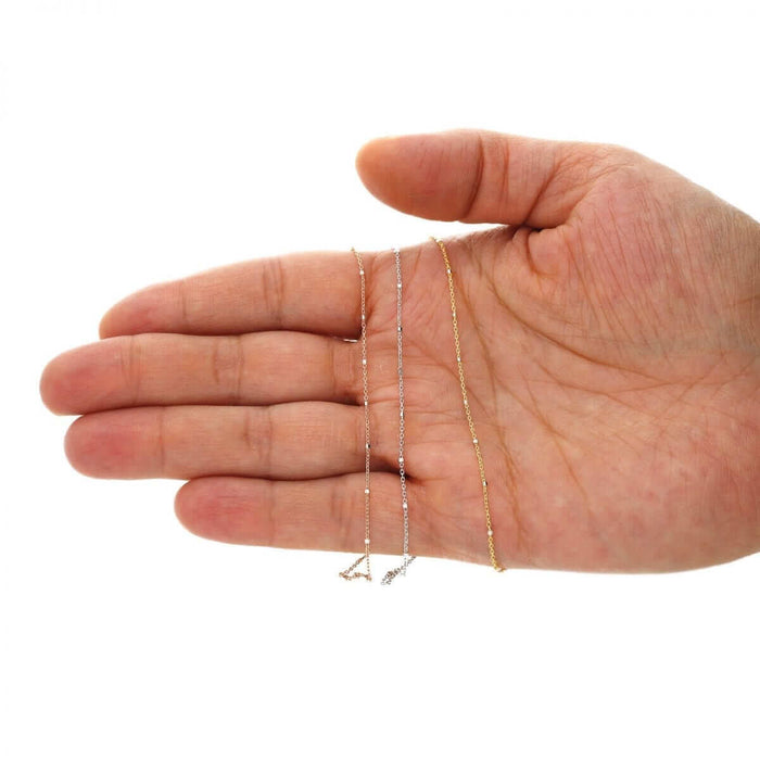 14K Yellow White Rose Gold 1.2mm Cable Saturn Beads Station Necklace (Solid Links) 16"-20"