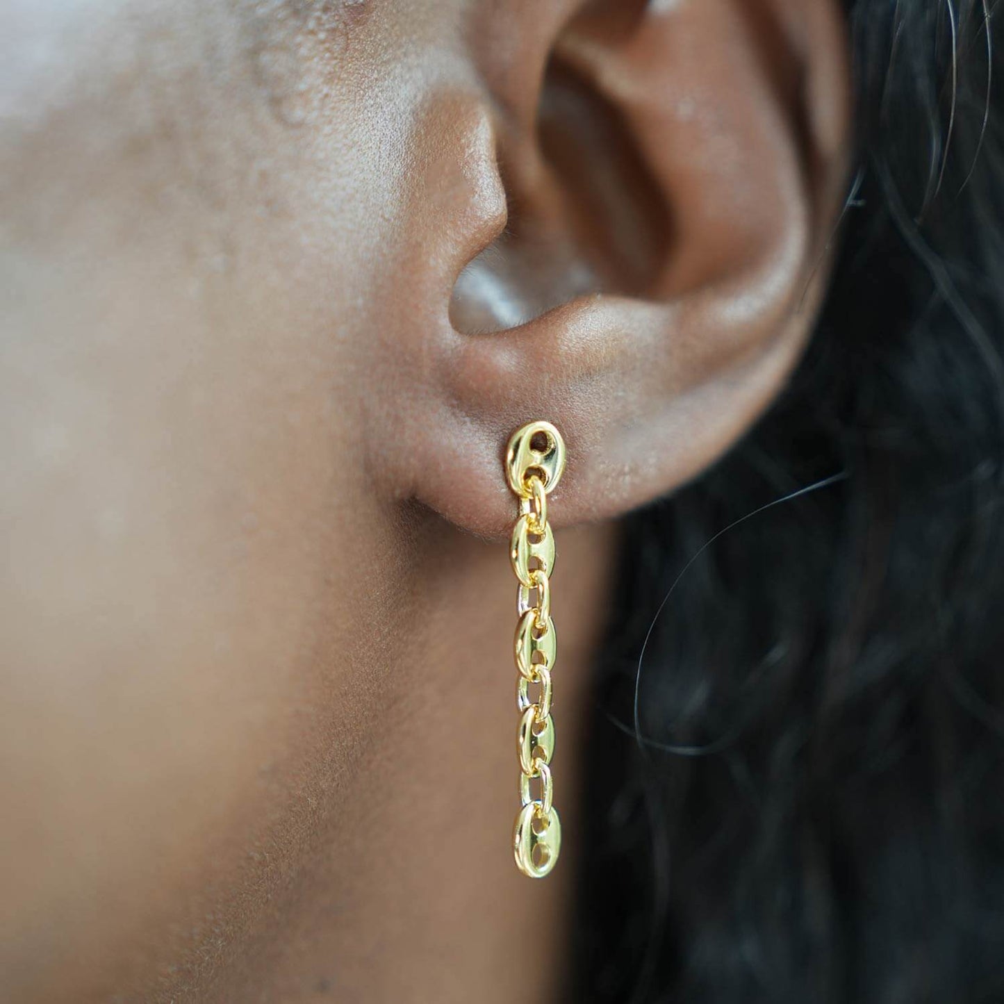 18K Gold Over Sterling Silver Puffed Mariner Drop Chain Earrings 36mm
