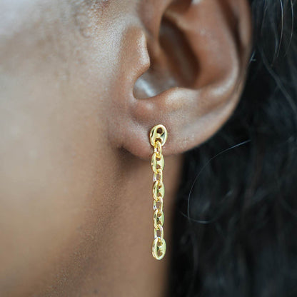 18K Gold Over Sterling Silver Puffed Mariner Drop Chain Earrings 36mm
