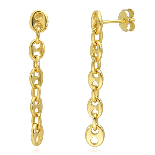 18K Gold Over Sterling Silver Puffed Mariner Drop Chain Earrings 36mm