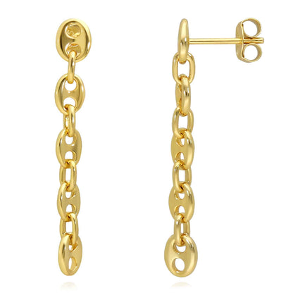 18K Gold Over Sterling Silver Puffed Mariner Drop Chain Earrings 36mm