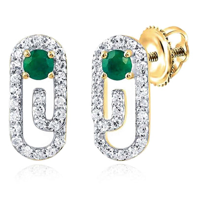 Natural Diamond Natural Green Emerald 10K Gold Stud Paperclip Earrings - WJD Exclusives