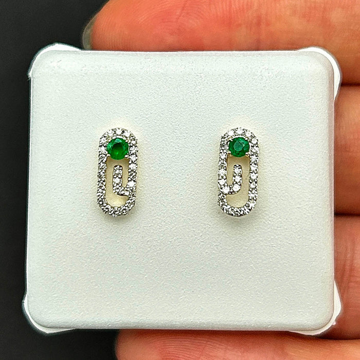 Natural Diamond Natural Green Emerald 10K Gold Stud Paperclip Earrings - WJD Exclusives
