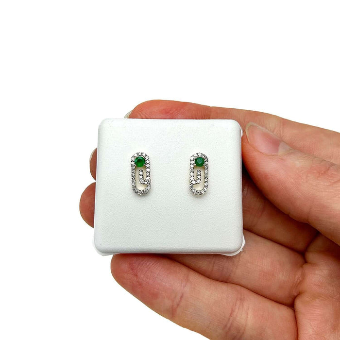 Natural Diamond Natural Green Emerald 10K Gold Stud Paperclip Earrings - WJD Exclusives