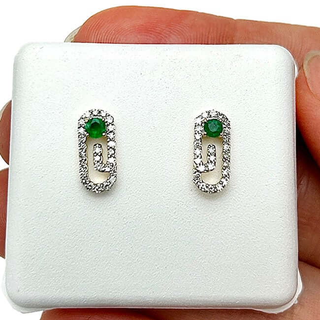 Natural Diamond Natural Green Emerald 10K Gold Stud Paperclip Earrings - WJD Exclusives