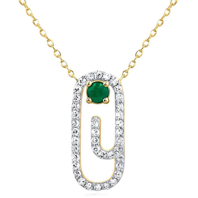 10K Yellow Gold Natural Diamond and Green Emerald Paperclip Necklace (Solid Links) 18" - WJD Exclusives