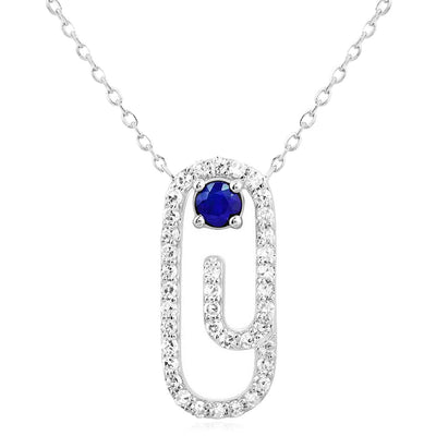 10K White Gold Natural Diamond and Blue Sapphire Paperclip Necklace (Solid Links) 18" - WJD Exclusives