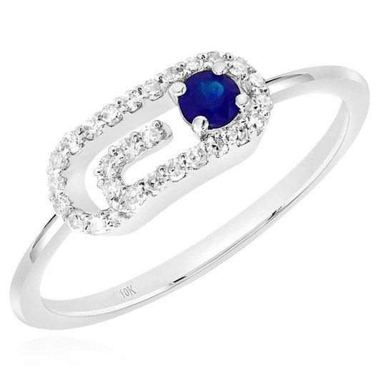 0.27CTW Real Diamond Natural Blue Sapphire 10K Real Gold White Paperclip Ring