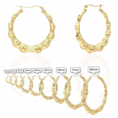 10K Yellow Gold Bamboo Hoop Earrings 17-85mm
